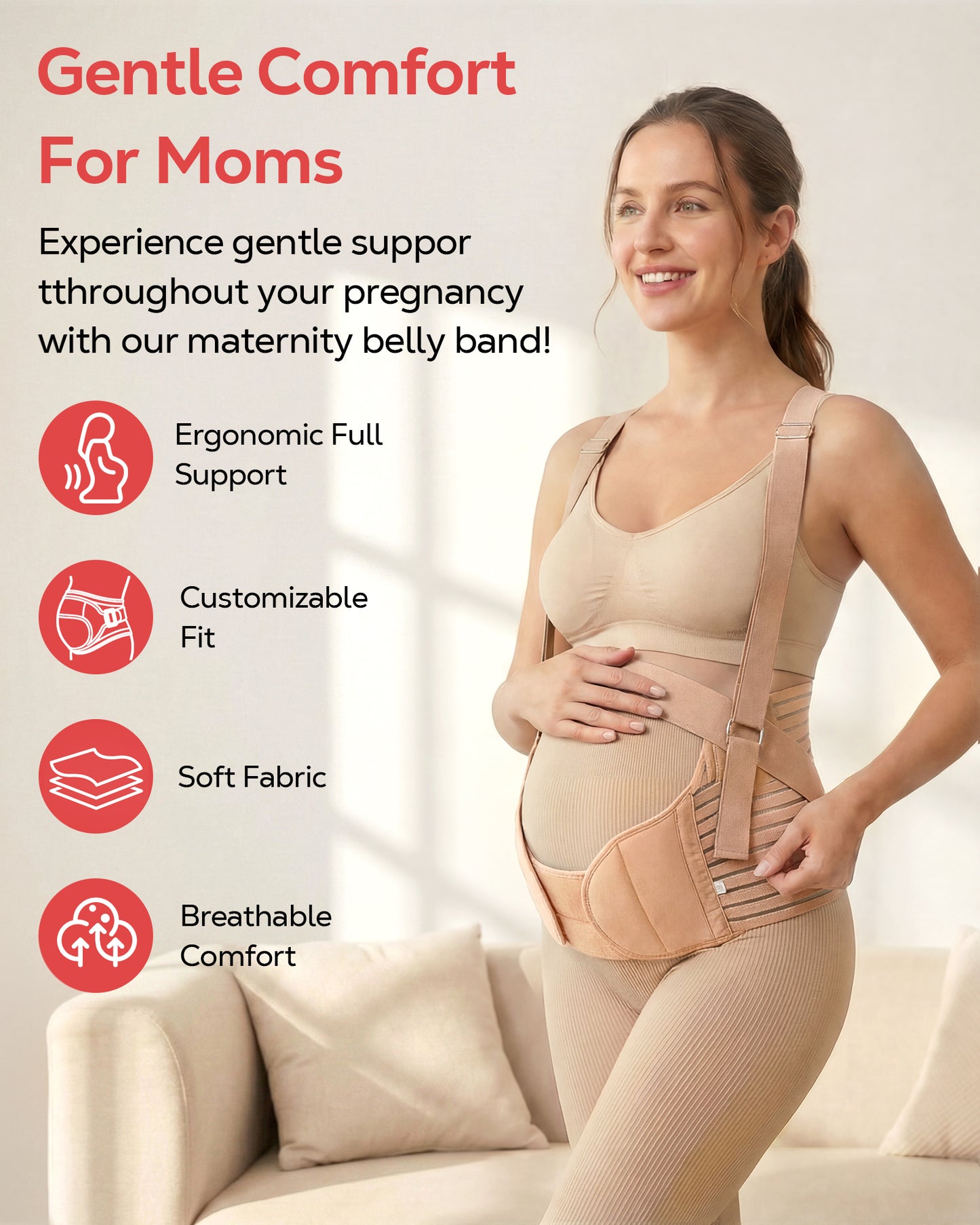 RUPOUN Adjustable Maternity Belly Band – Pregnancy Belt for Back & Pelvic Support, Comfortable for Pregnant Women, Beige