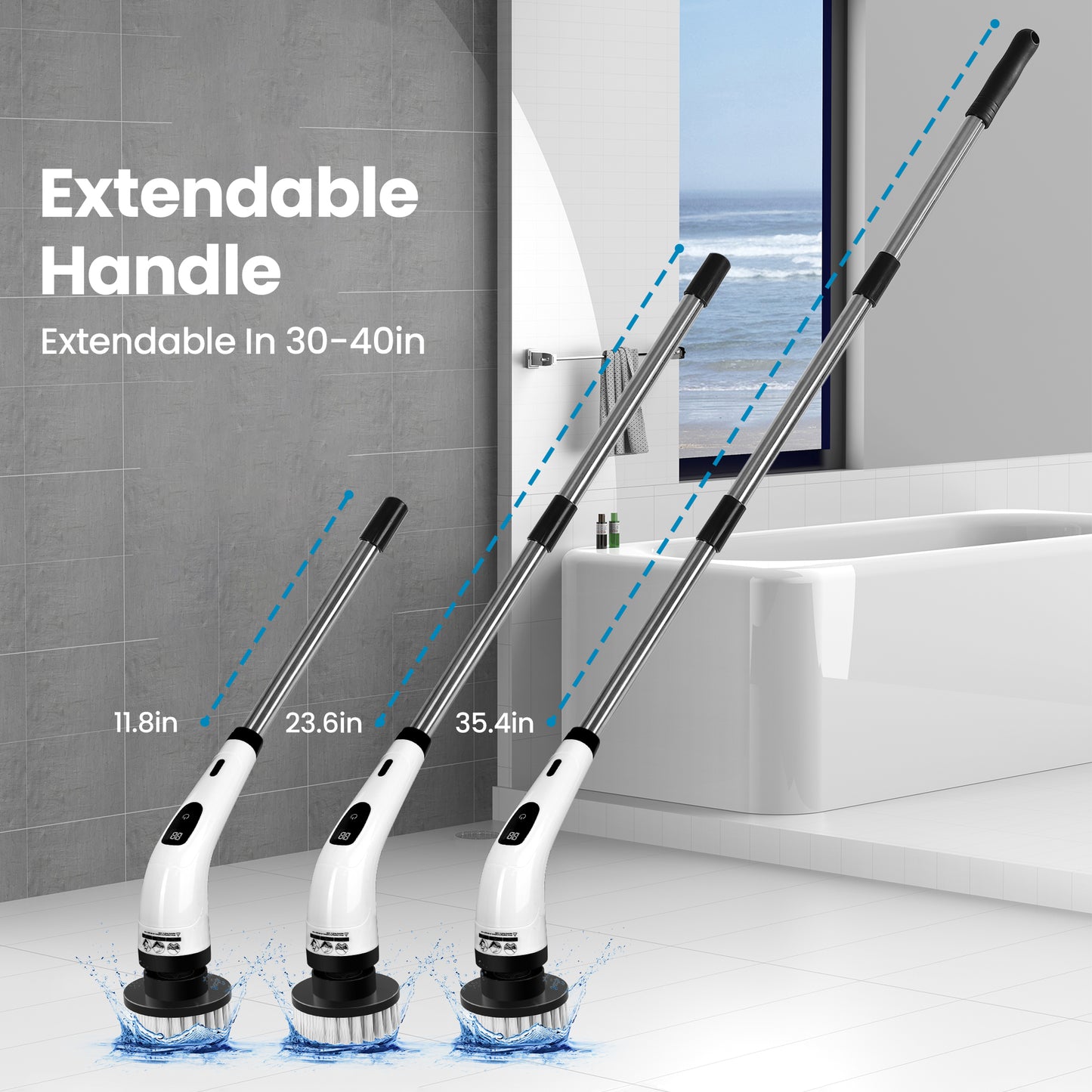 BIMZUC Electric Spin Scrubber, Cordless Cleaning Brush, 8 Replaceable Heads, Adjustable Handle, 400 RPM Power, for Bathroom, Kitchen, Floors, White