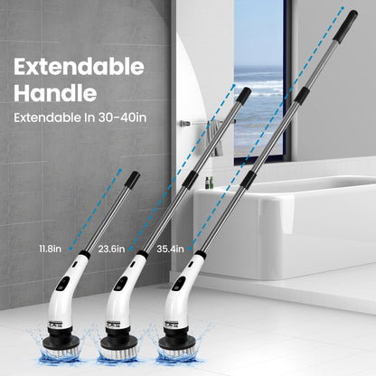 BIMZUC Electric Spin Scrubber, Cordless Cleaning Brush, 8 Replaceable Heads, Adjustable Handle, 400 RPM Power, for Bathroom, Kitchen, Floors, White