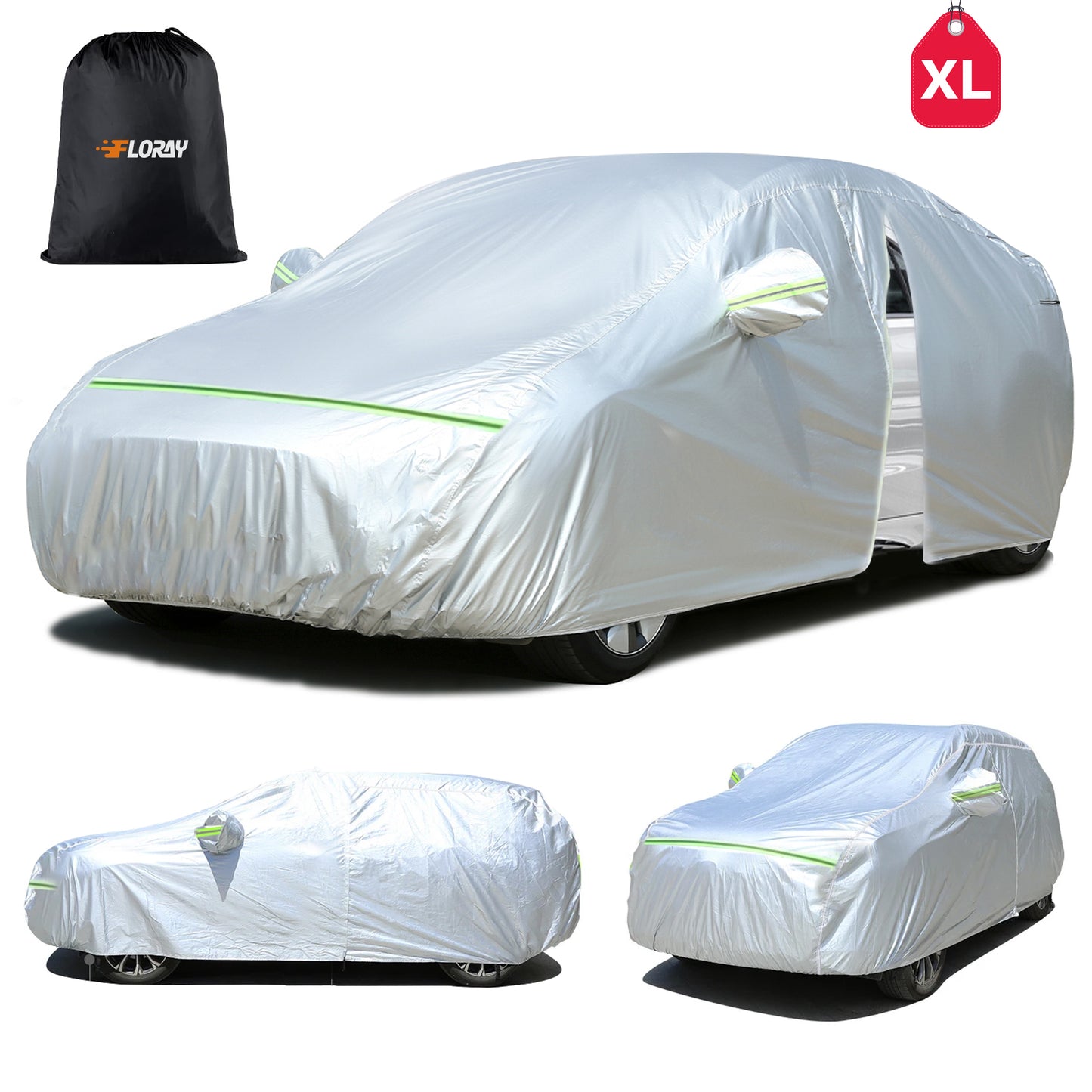 Floray Waterproof All-Weather Car Cover with Zipper Door – Heavy-Duty Windproof Protection for Large Sedans, UV and Snow Guard (XL, 210" x 59" x 47")