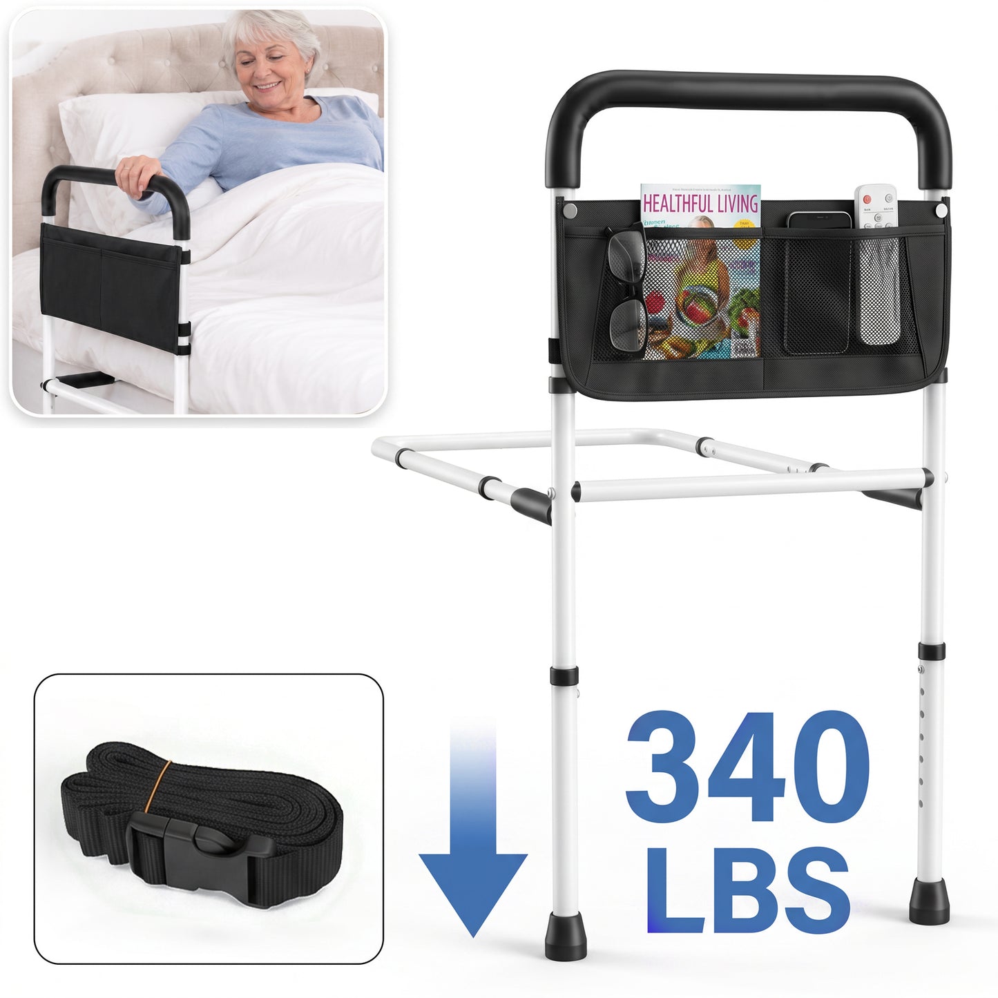 YCPINGC Bed Assist Rails for Seniors, Adjustable Bed Rails for Elderly Adults with Safety Guard, Storage Bag, Fixing Strap, Grounding
