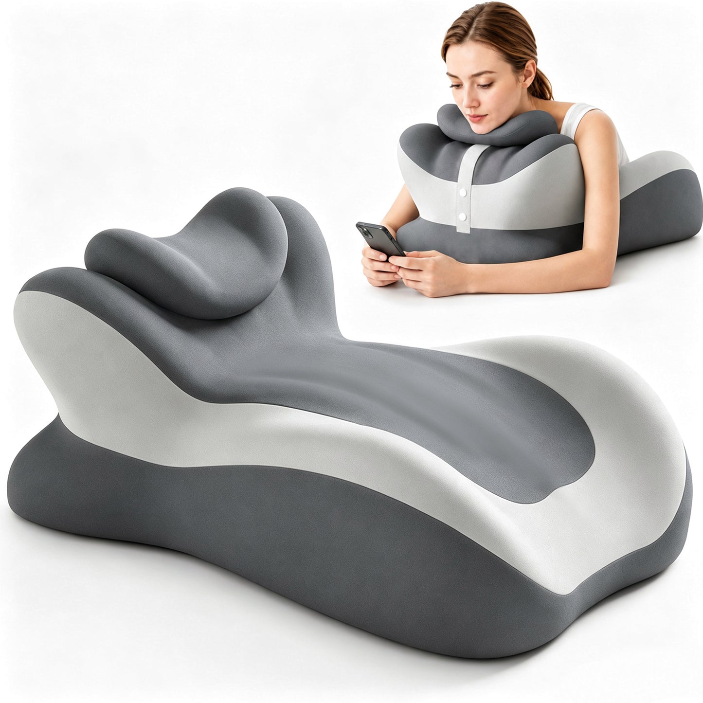 Alylo Ergonomic Prone Sleeping Wedge Pillow with Adjustable Head Rest, Foam Bed Cushion, Gray