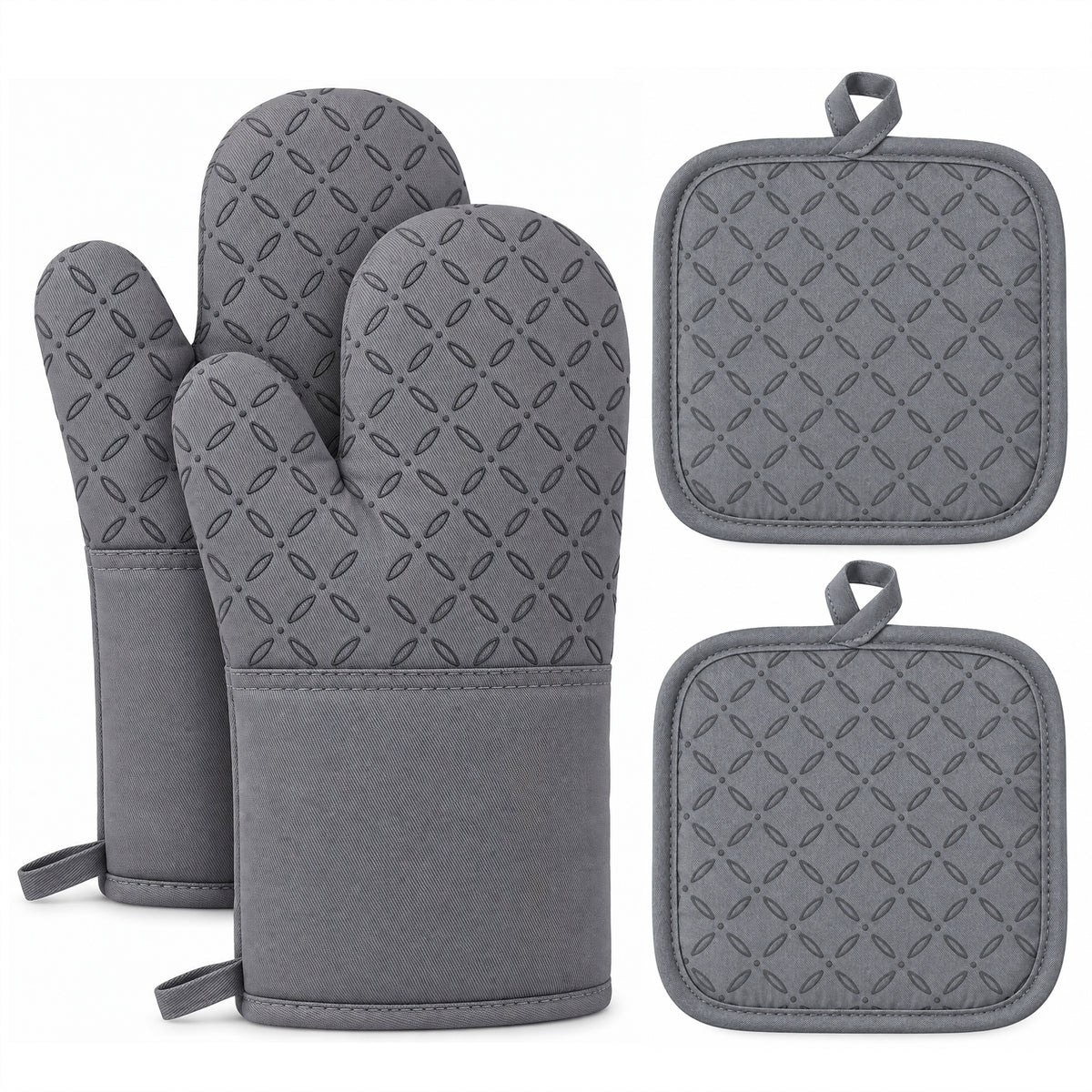 M Buder Oven Mitts Set, 4 Pcs 392°F Heat Resistant Pot Holders and Oven Mitts, Extra Long Thick Cotton Kitchen Oven Gloves for Cooking, Baking, BBQ, Gray