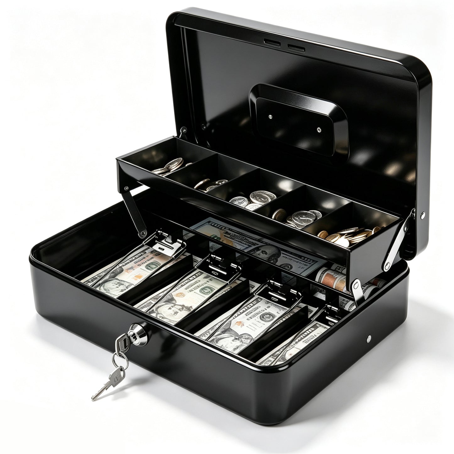 Alylo Large Metal Cash Box with Money Tray and Key Lock, 5 Coin Compartments, Black, 11.8" x 9.45" x 3.74"