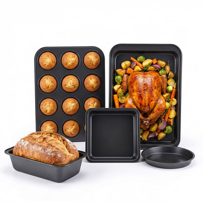 M Buder Baking Pans Set, 5 Piece Non-Stick Carbon Steel Bakeware Set with Muffin Pan & Cookie Sheet & Cake Pan, Black