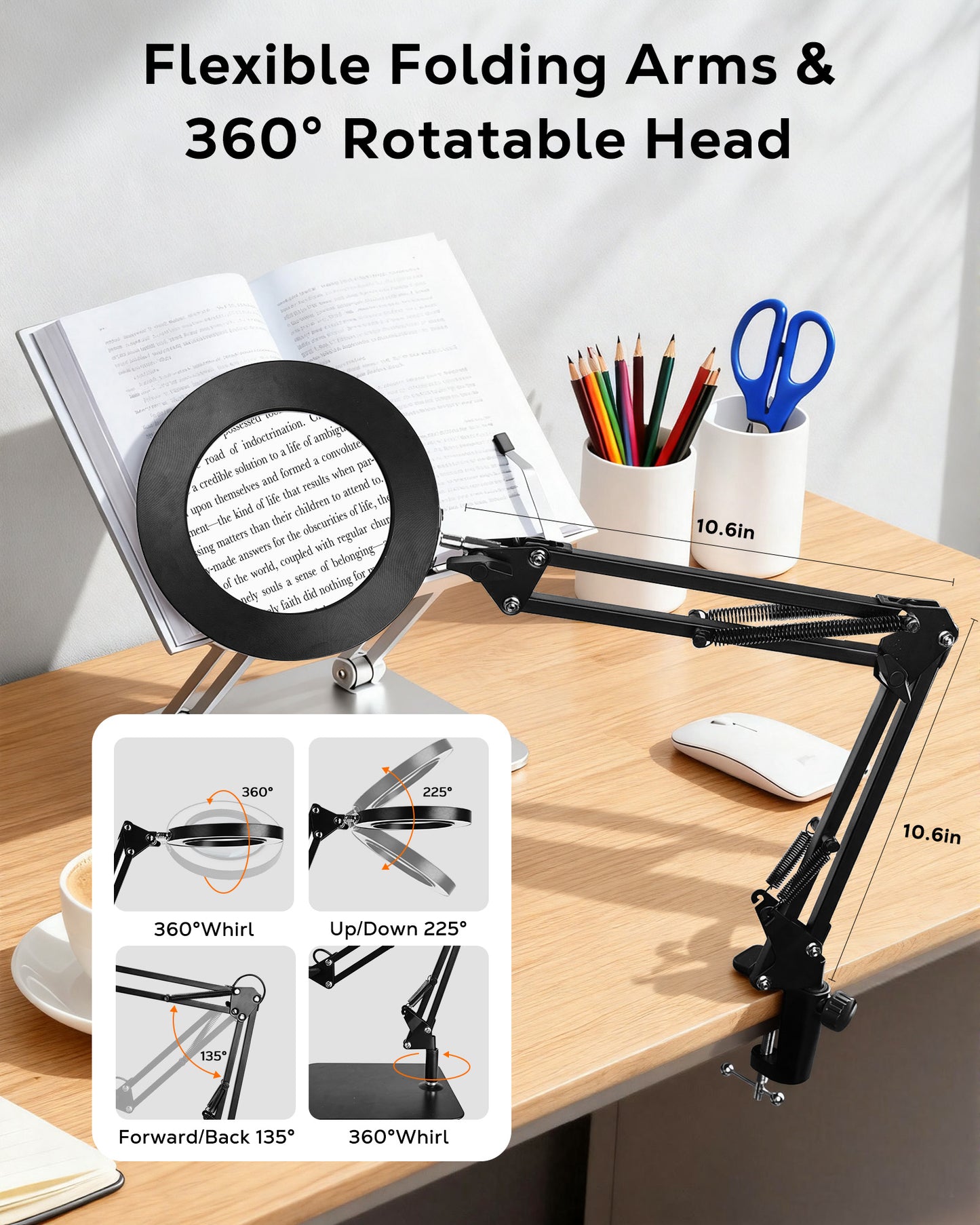 WEENEED 10X Magnifying Desk Lamp with Light, Adjustable Arm, USB Powered Magnifier Lamp with Clamp & Base for Reading, Repair, Crafts, Nail Beauty