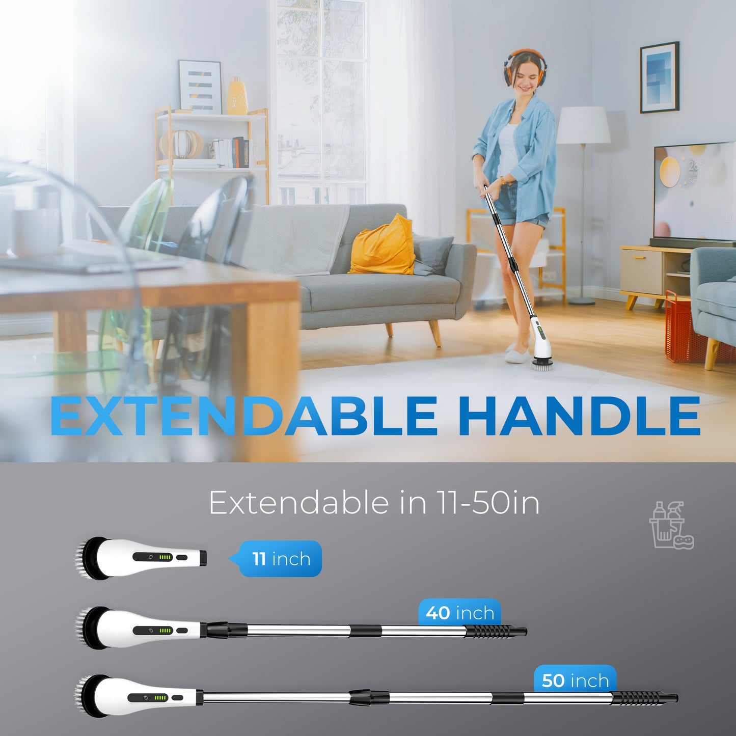 BIMZUC Electric Spin Scrubber, Cordless Cleaning Brush, 7 Replaceable Heads, Extendable Handle, White