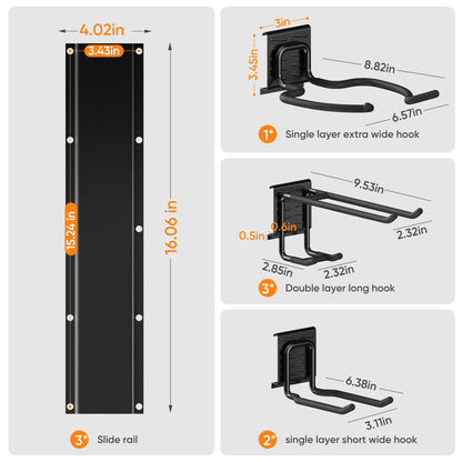 Riousery Garage Tool Organizer Wall Mount with 6 Versatile Hooks, Heavy Duty Metal Rack for Customizable Storage in Garage, Yard, and Garden