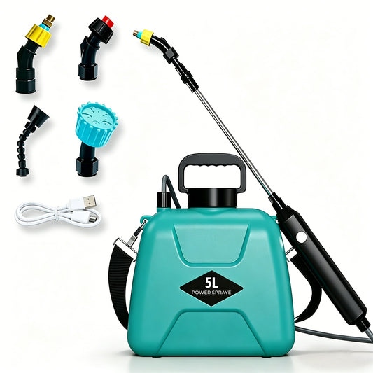 OHHANI Battery Powered Sprayer, 5L Cordless Electric Portable Garden Sprayer with USB Rechargeable Handle Telescopic Wand 4 Nozzles,  for Lawn Garden