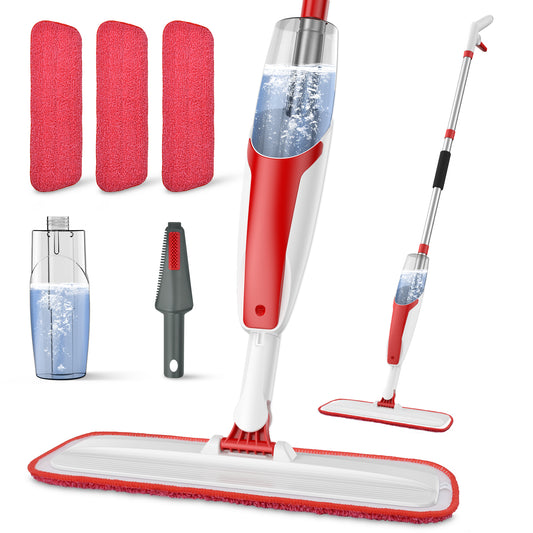 BIMZUC Spray Mop for Floor Cleaning Wet & Dry, with 14 oz Refillable Bottle and 3 Washable Microfiber Pads, Red