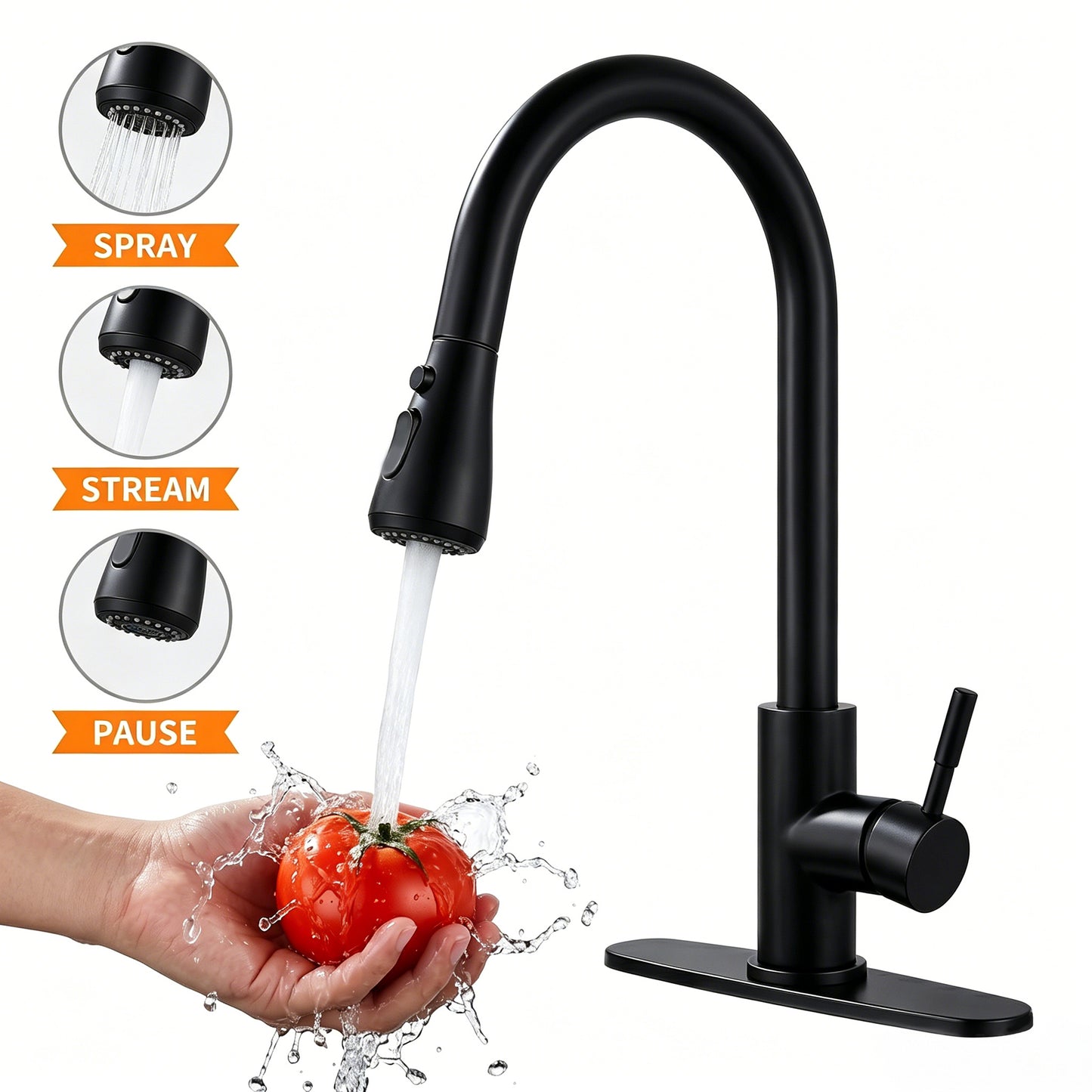 HODVIT Kitchen Faucet with Pull Down Sprayer, Matte Black Stainless Steel Kitchen Sink Faucet with Deck Plate