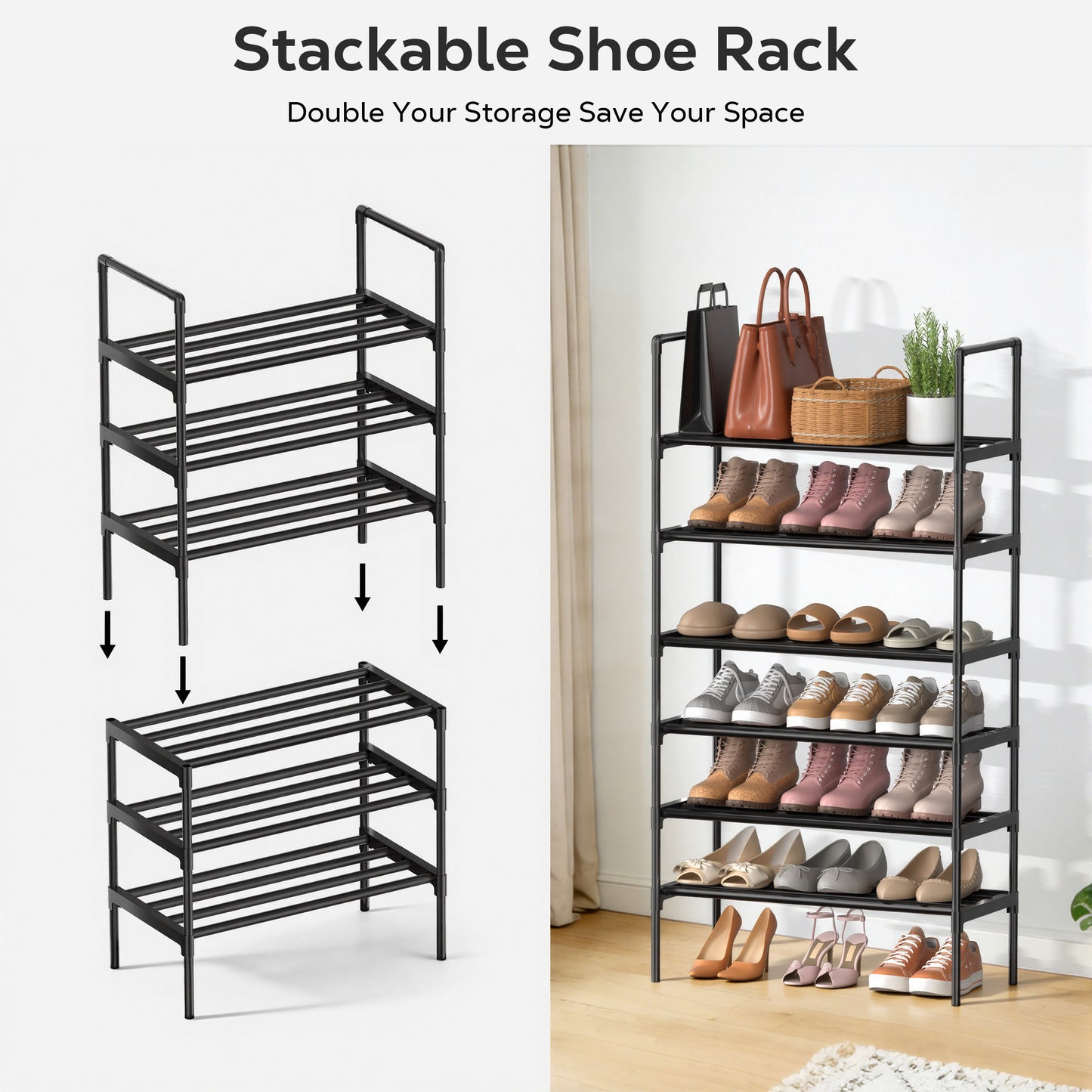 WEENEED 3-Tier All-Steel Shoe Rack, Stackable & Adjustable Metal Shoe Organizer for Entryway, Closet, or Bedroom, Heavy-Duty Storage Shelf for Boots and Heels