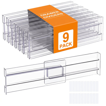 Riousery 9 Pack Adjustable Clear Acrylic Drawer Dividers, Expandable 11.4-21.7 in Drawer Organizers with Adhesive Pads for Kitchen, Bedroom, Bathroom & Office