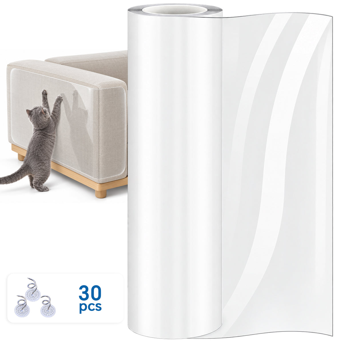 Tolobeve Clear Cat Scratch Furniture Protector Tape, Anti-Scratch Couch Deterrent with 30 Pins