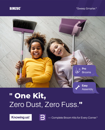 BIMZUC Broom and Dustpan Set for Home, 51" Long Handle Dustpan & Broom W/Comb, Purple Cleaning Kit