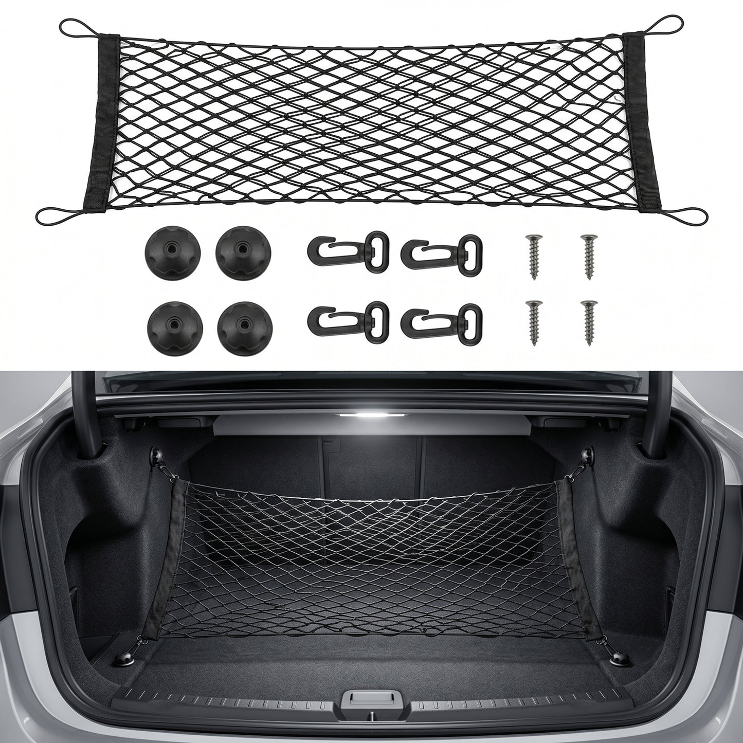 MORSUMA 55.1" x 18.5" Double Layer Trunk Cargo Net with Heavy-Duty Hooks, SUV and Sedan Storage Organizer