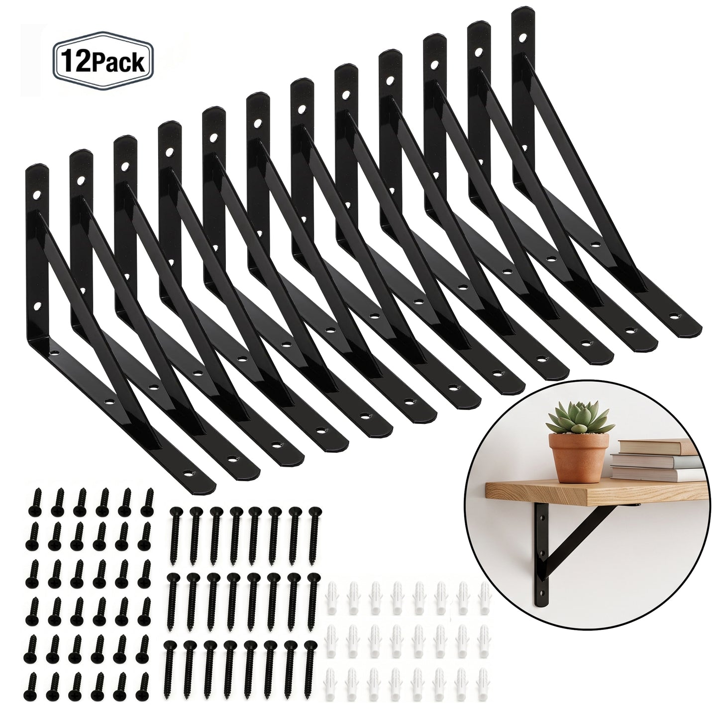 Riousery 12 Pack Heavy Duty Shelf Brackets, 2mm Thick Steel L Brackets for Wall Shelves, 7.9 x 4.7 in, 2mm Thick Carbon Steel Wall Shelf Supports with Mounting Hardware, Black