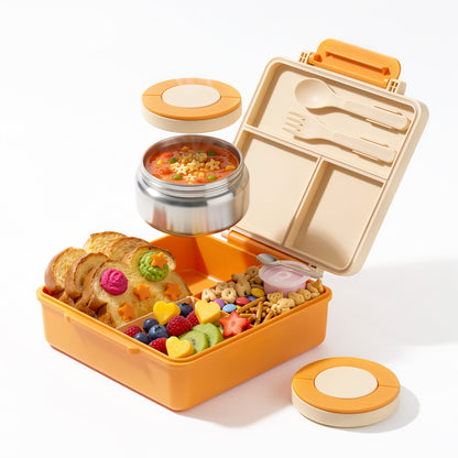 M Buder 1700ML Bento Box for Kids, Leak-Proof Lunch Box with 3 or 4 Compartments, 350 ml Insulated Food Jar, Fork, Spoon, Orange