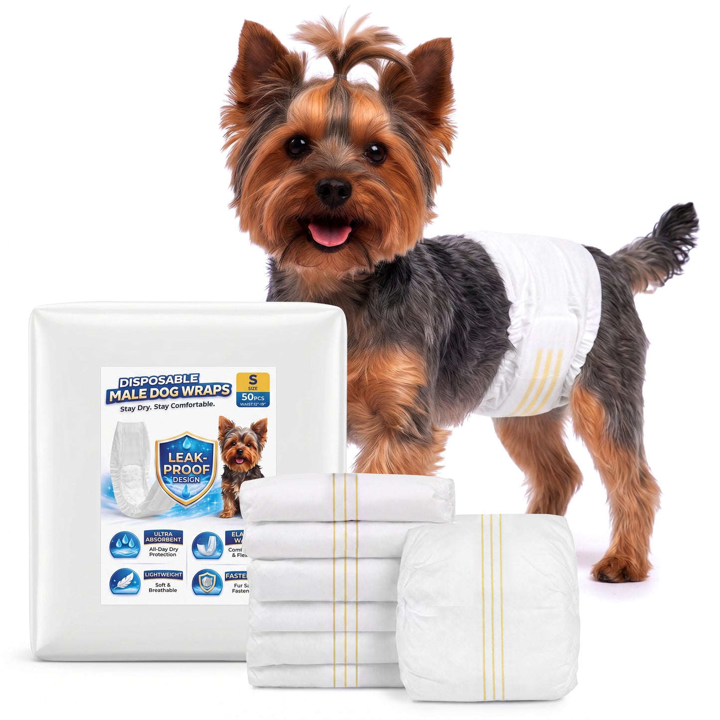 Tolobeve Disposable Male Dog Wraps with Stretchy Waistband, Small, 50 Count – Leak-Resistant & Absorbent for Training, Travel, Excitable Urination