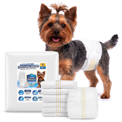 Tolobeve Disposable Male Dog Wraps with Stretchy Waistband, Small, 50 Count – Leak-Resistant & Absorbent for Training, Travel, Excitable Urination