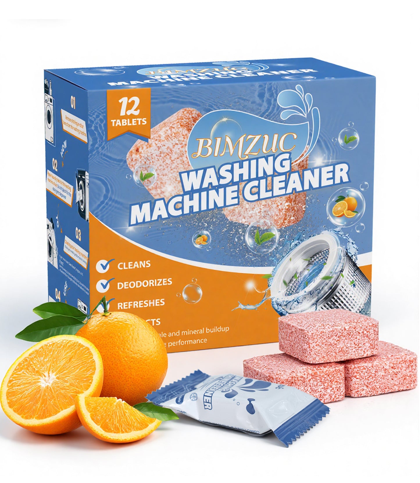 BIMZUC Washing Machine Cleaner Tablets (12 Count), Deep Cleans Front Load and Top Load Washers, Removes Odor Causing Residue & Buildup