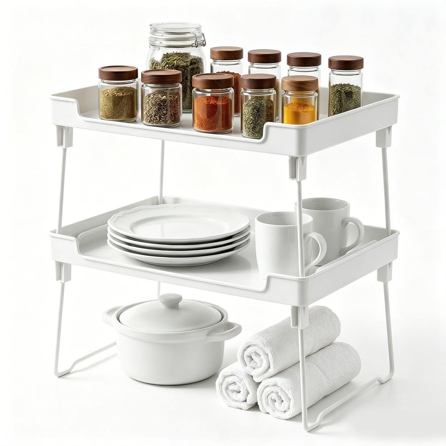 Riousery 2-Pack Stackable Cabinet Organizer Shelves, Foldable Kitchen Cabinet Storage Rack, PET Shelf with Stainless Steel Legs, 12.3" L x 8.8" W x 6.8" H, White