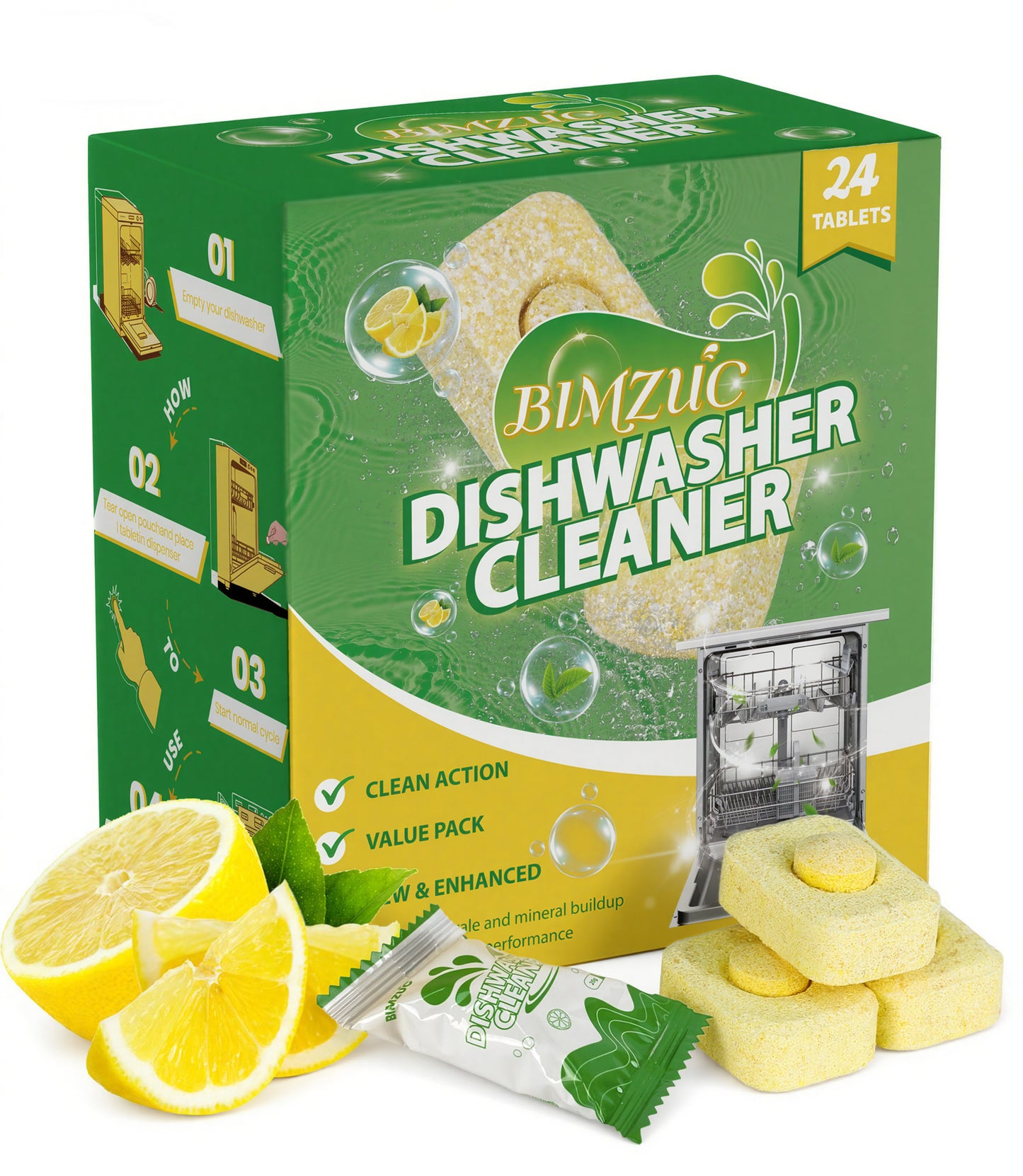 BIMZUC Dishwasher Cleaning Tablets, 24 Tablets, Powerful Cleaning and Deodorizing, Lemon Scent