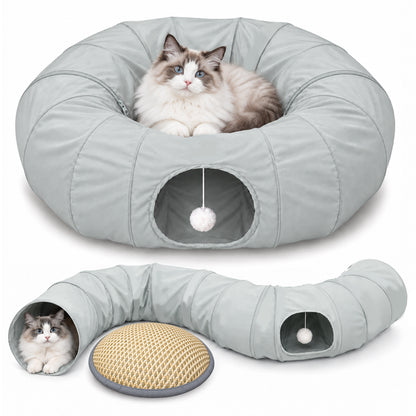 Tolobeve Foldable Cat Tunnel with Cushion Bed, Double-Layer Fabric Modular Tube Toy for Indoor Cats, Gray