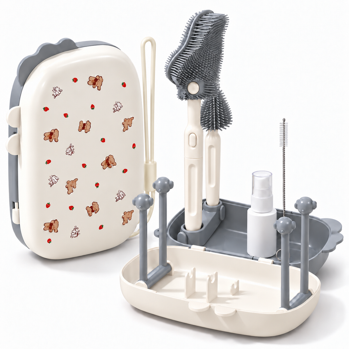 ZNQPLF Travel Baby Bottle Brush Set, 6-in-1 Portable Cleaning Kit with Foldable Drying Rack, Nipple Brush and Straw Brush, Gray