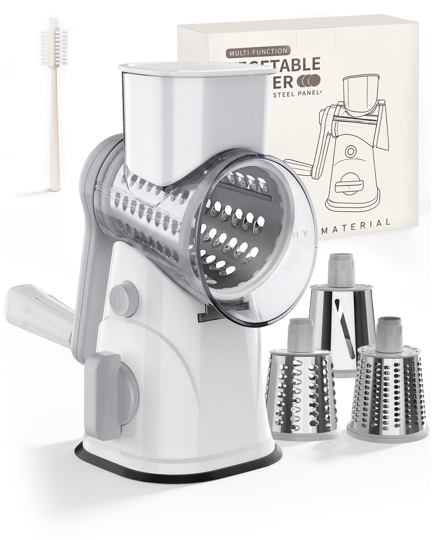 M Buder Rotary Cheese Grater with 3 Interchangeable Blades, Hand Crank Cheese Shredder Vegetable Chopper , Mandoline Slicer, Suction Base, White