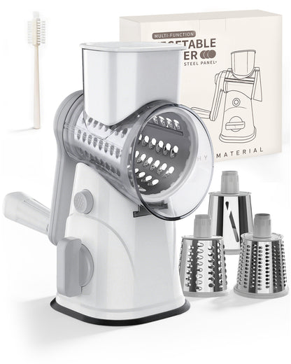 M Buder Rotary Cheese Grater with 3 Interchangeable Blades, Hand Crank Cheese Shredder Vegetable Chopper , Mandoline Slicer, Suction Base, White