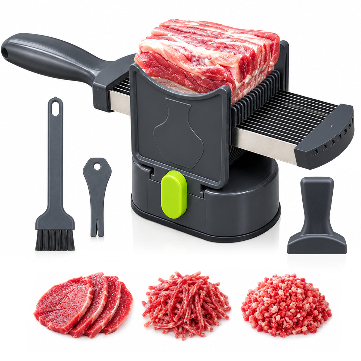 MusPluto Fresh Meat Slicer Manual, Manual Meat Slicer Stainless Steel Fresh Meat Cutter with 17 Blades, Adjustable 2mm & 4mm, Gray (Not for Frozen/Deli Meat)