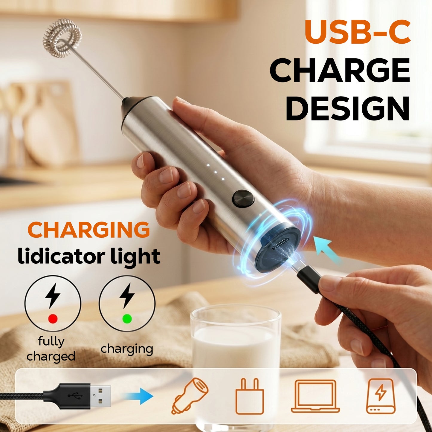 M Buder Milk Frother, Handheld Foam Maker and Electric Egg Whisk, 3 Speed Rechargeable Coffee Frother Wand with 2 Detachable Whisks, Silver