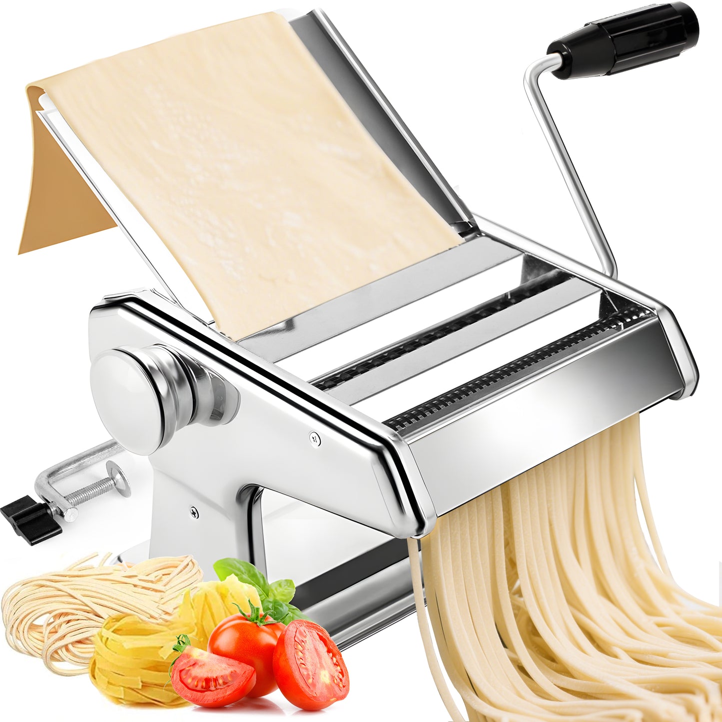 M Buder Pasta Maker Machine, 9 Adjustable Thickness with 2 Cutting Widths Noodles Maker, Silver