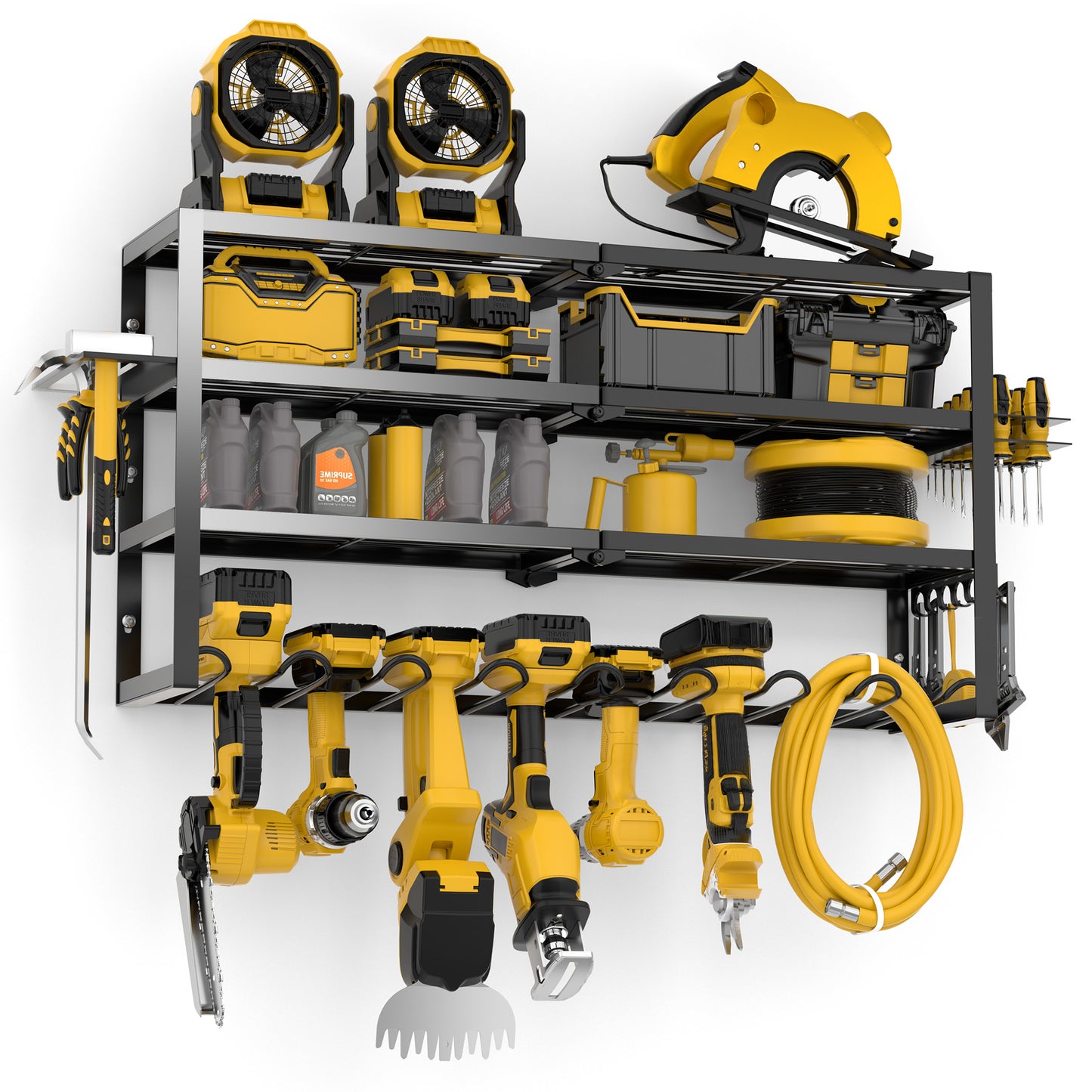 Riousery Heavy Duty Power Tool Organizer Wall Mount, 8 Drill Holder Rack with Hooks, 4-Tier Tool Storage Shelf with 350Lbs Load Capacity, Garage Tool Rack for Workshop Shed Pegboard Wall