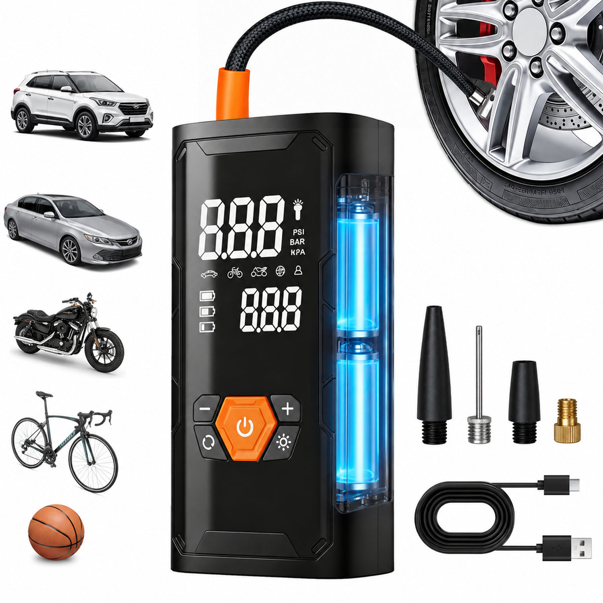 MORSUMA Cordless Portable Air Compressor 150 PSI 3000mAh with LED Light, Black and Orange