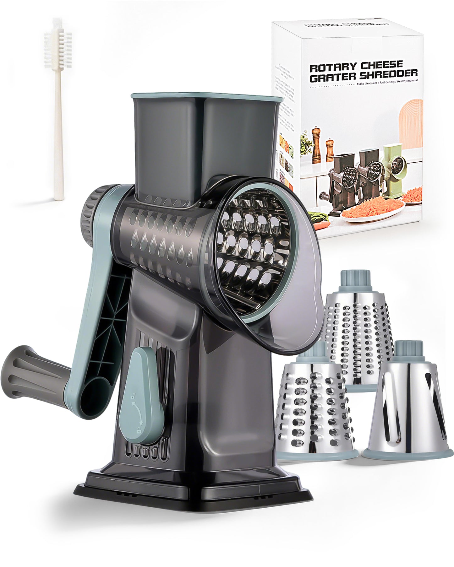 M Buder Rotary Cheese Grater with 3 Interchangeable Blades, Hand Crank Cheese Shredder Vegetable Chopper , Mandoline Slicer, Suction Base, Gray