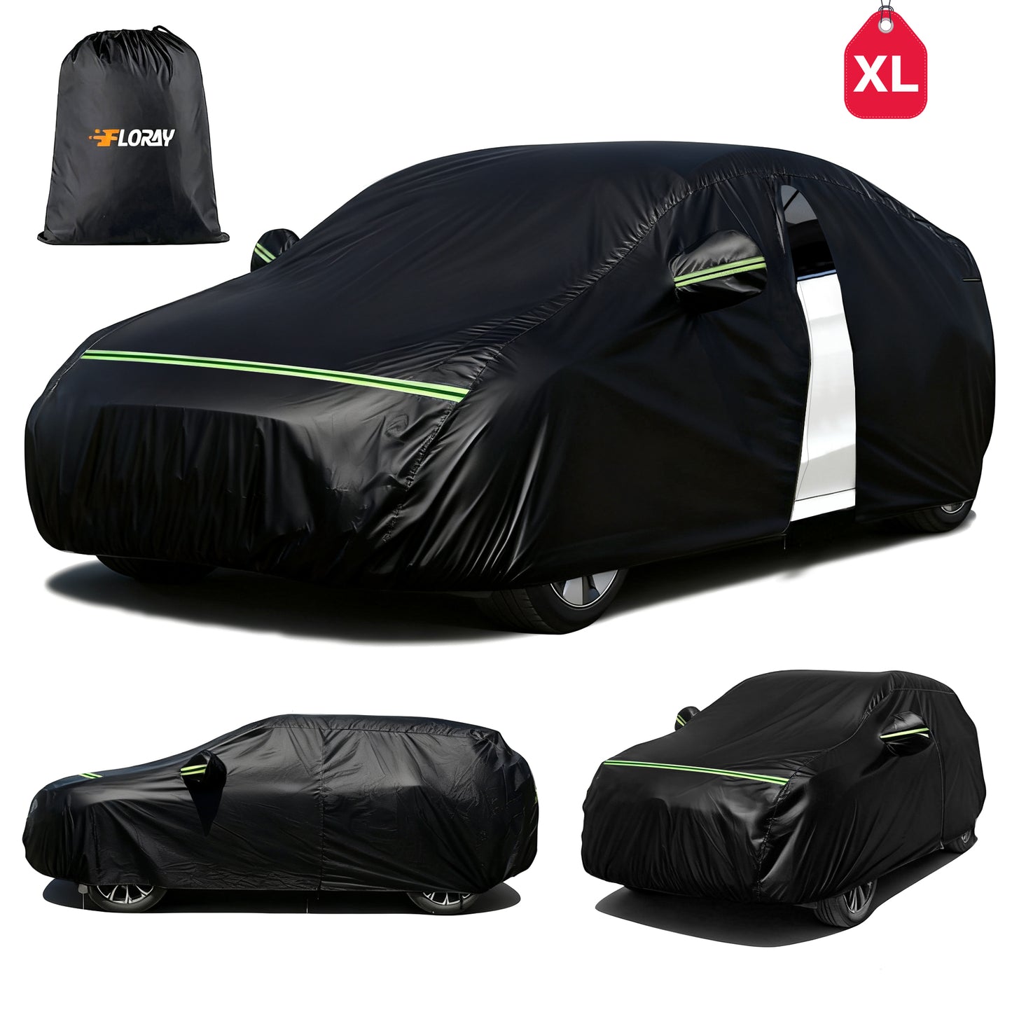 FLORAY Waterproof All-Weather Car Cover with Zipper Door, Heavy-Duty Windproof Vehicle Cover for Sedan & SUV, UV & Snow Protection, Black, 210" x 59" x 47"