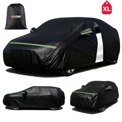 FLORAY Waterproof All-Weather Car Cover with Zipper Door, Heavy-Duty Windproof Vehicle Cover for Sedan & SUV, UV & Snow Protection, Black, 210" x 59" x 47"