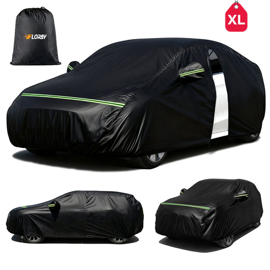 FLORAY Waterproof All-Weather Car Cover with Zipper Door, Heavy-Duty Windproof Vehicle Cover for Sedan & SUV, UV & Snow Protection, Black, 210" x 59" x 47"