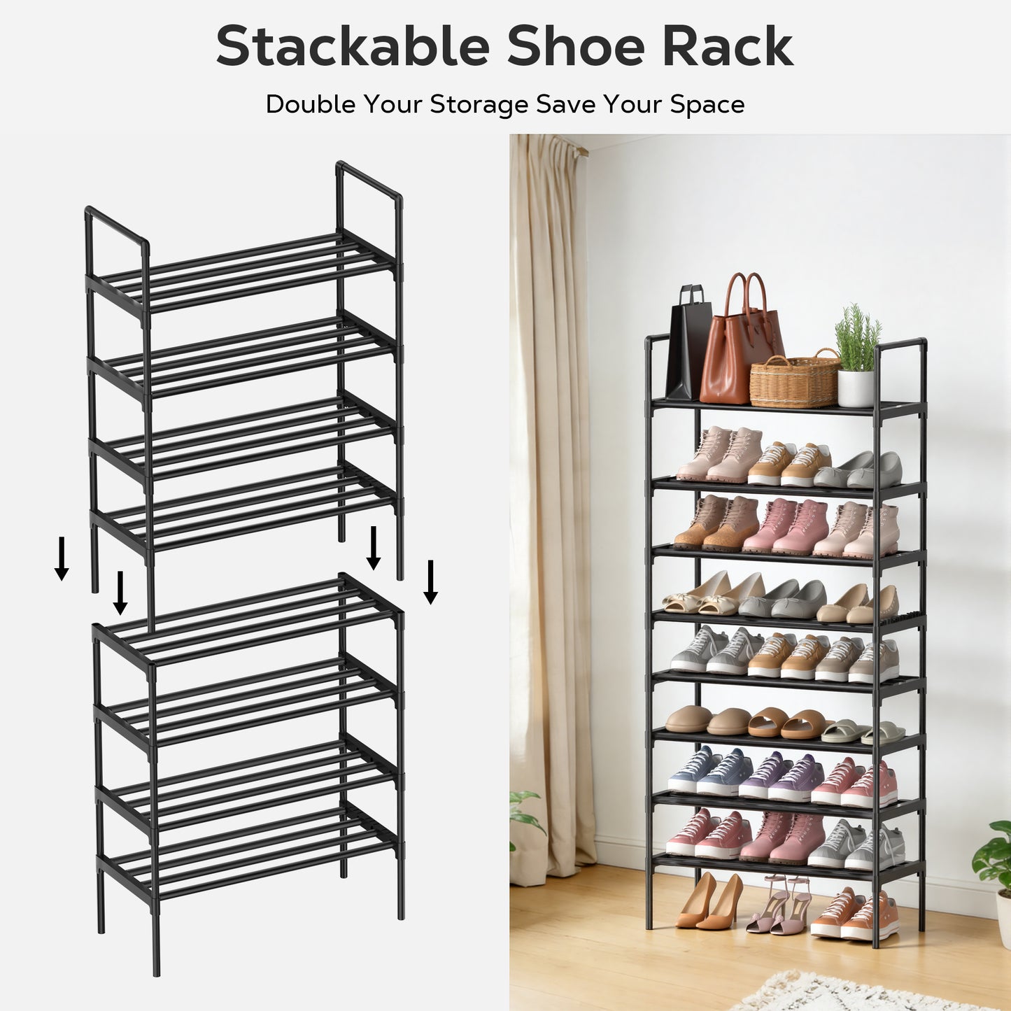 Riousery 4-Tier All-Steel Shoe Rack, Stackable Metal Shoe Organizer with Adjustable Shelves, Heavy-Duty Storage for Entryway, Closet, Bedroom