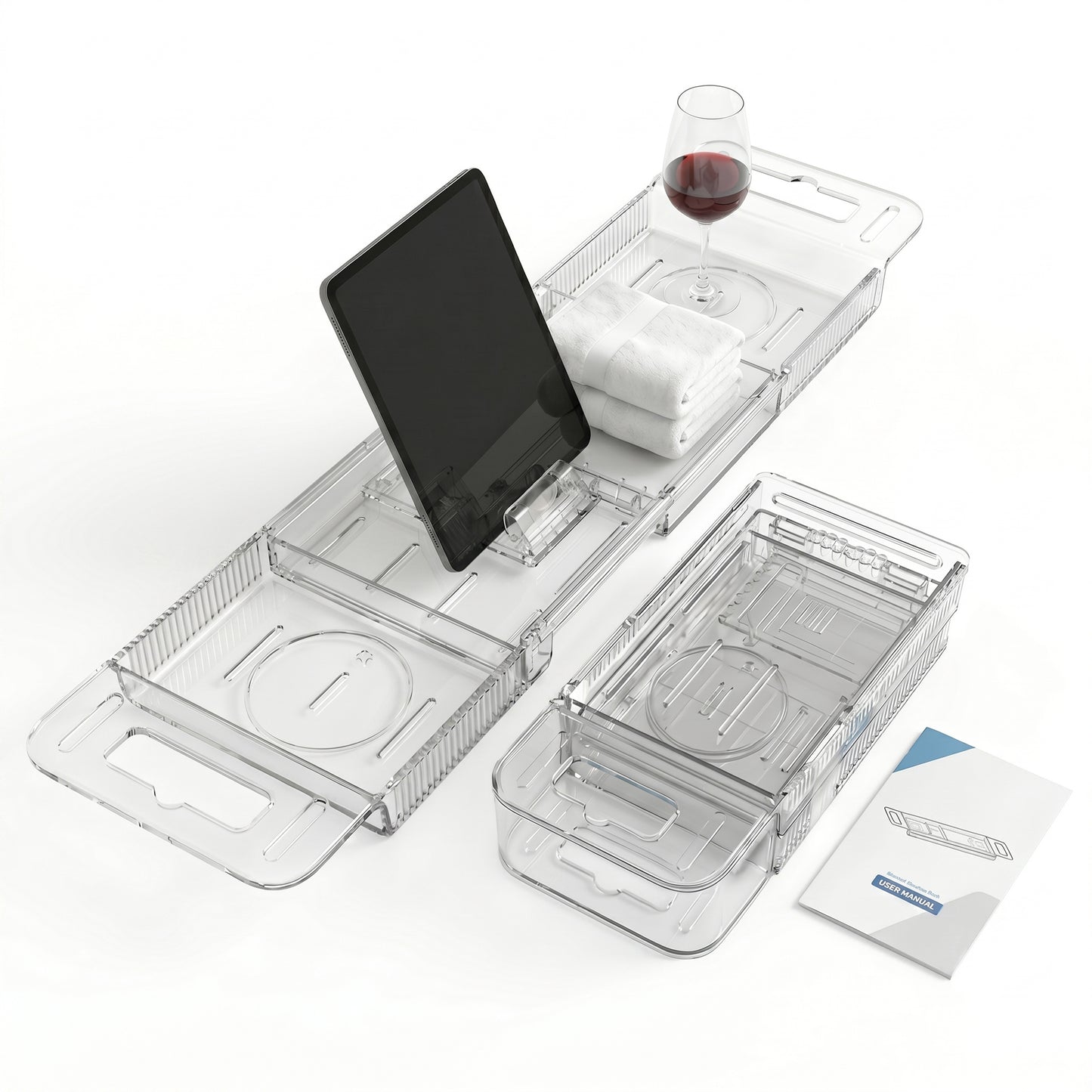 LZSDS Bathtub Rack Extendable 22.24-31.5 Inch, Acrylic Bath Tray with Adjustable Stand for Book Tablet and Wine Glass
