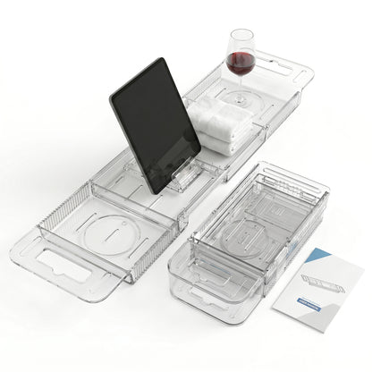 LZSDS Bathtub Rack Extendable 22.24-31.5 Inch, Acrylic Bath Tray with Adjustable Stand for Book Tablet and Wine Glass