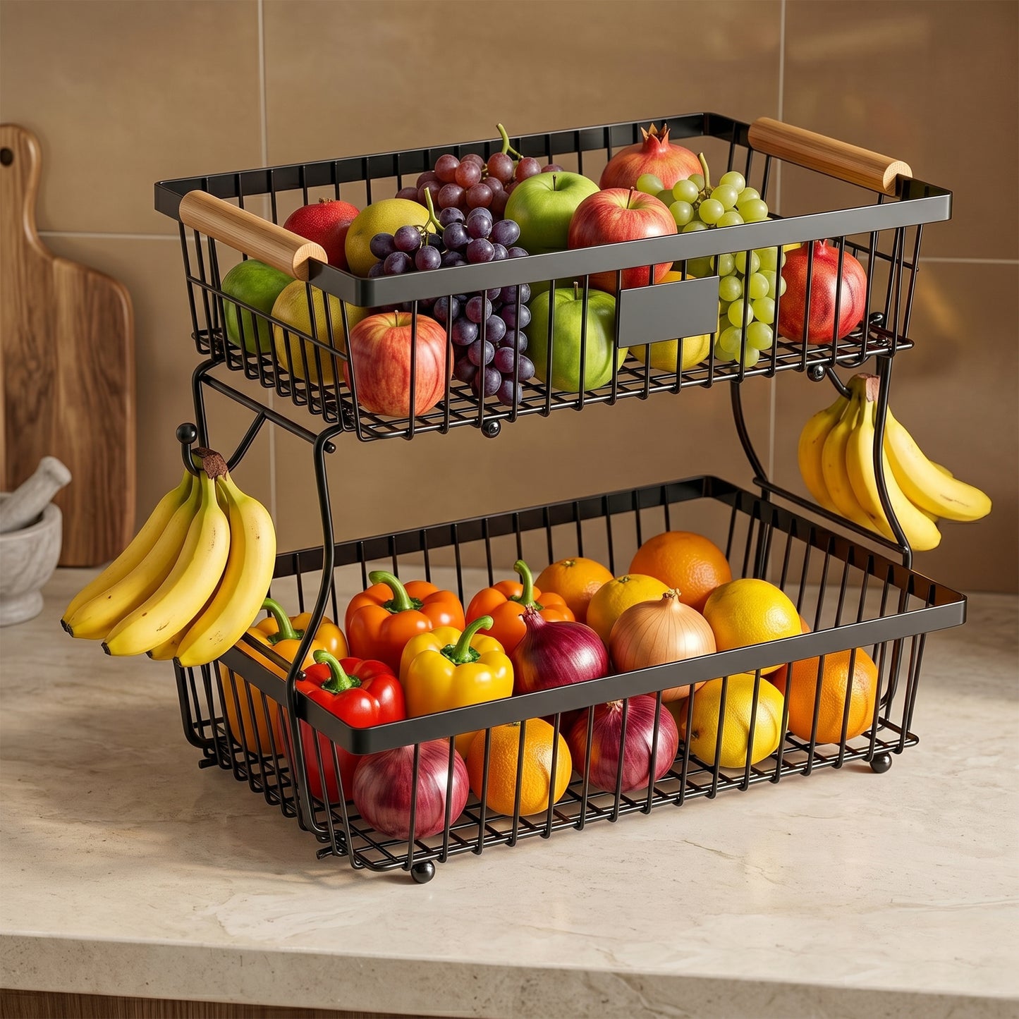Riousery 2-Tier Fruit Basket for Kitchen Counter with Wooden Handle and Side Hooks, Detachable Metal Fruit Bowl Stand for Fruit and Vegetable Storage, Black, 16.1" x 9.4" x 11.4"