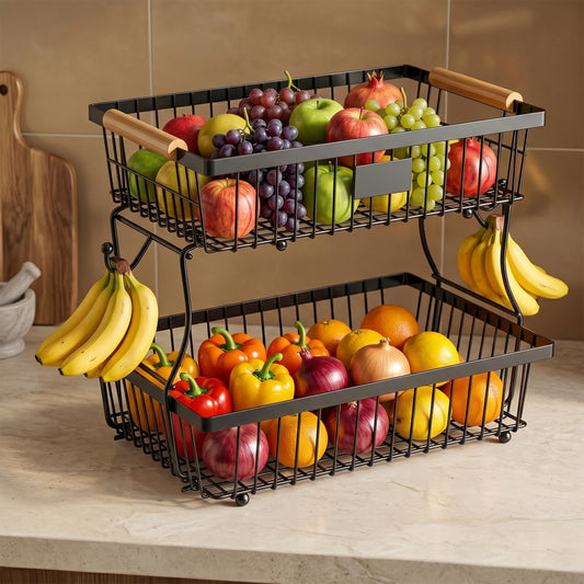 Riousery 2-Tier Fruit Basket for Kitchen Counter with Wooden Handle and Side Hooks, Detachable Metal Fruit Bowl Stand for Fruit and Vegetable Storage, Black, 16.1" x 9.4" x 11.4"