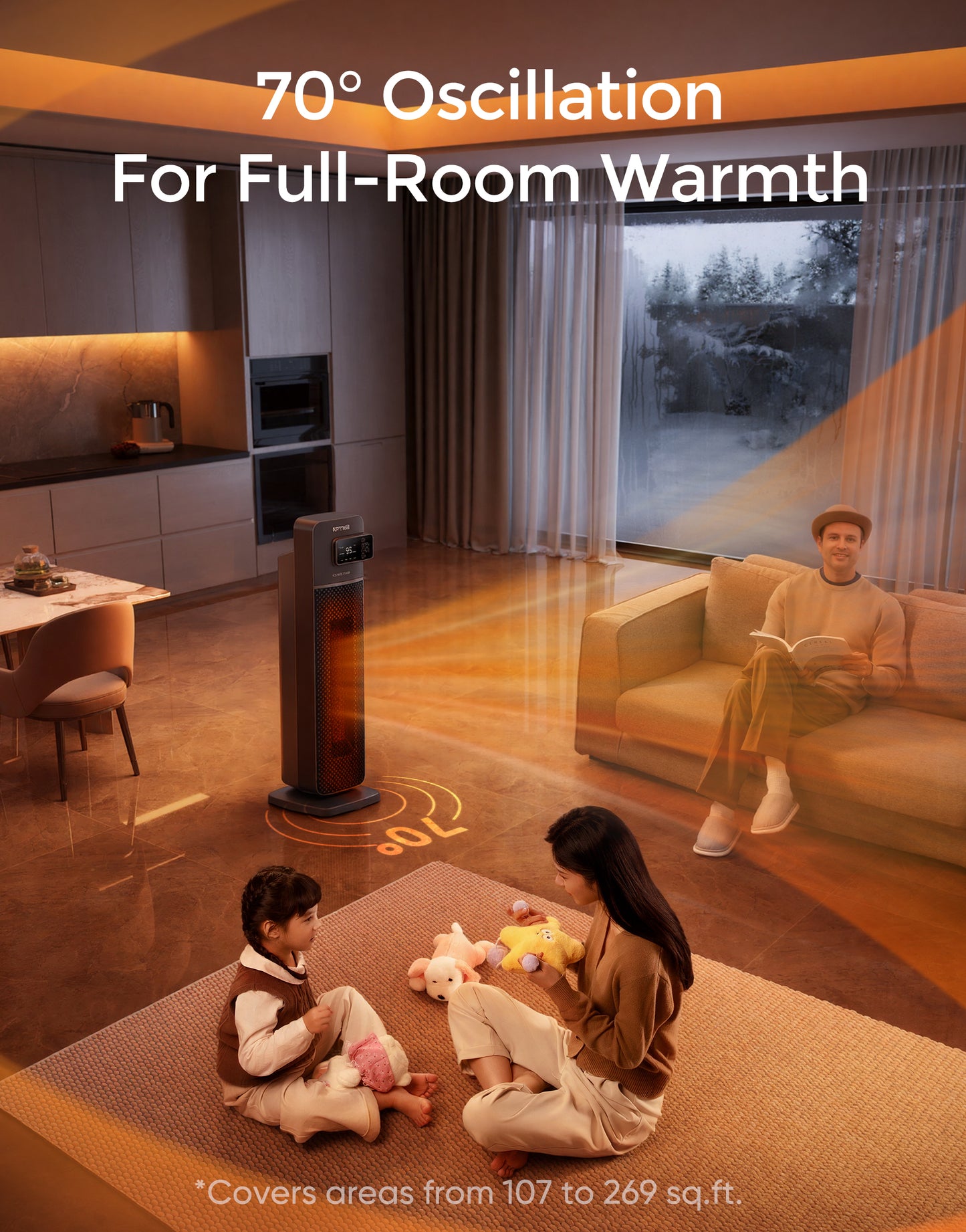 NFTIGB 24 inch PTC Ceramic Tower Heater for Home with Tip-Over Switch, Digital Display, Thermostat, Wide Oscillation, Remote, Timer, Gray