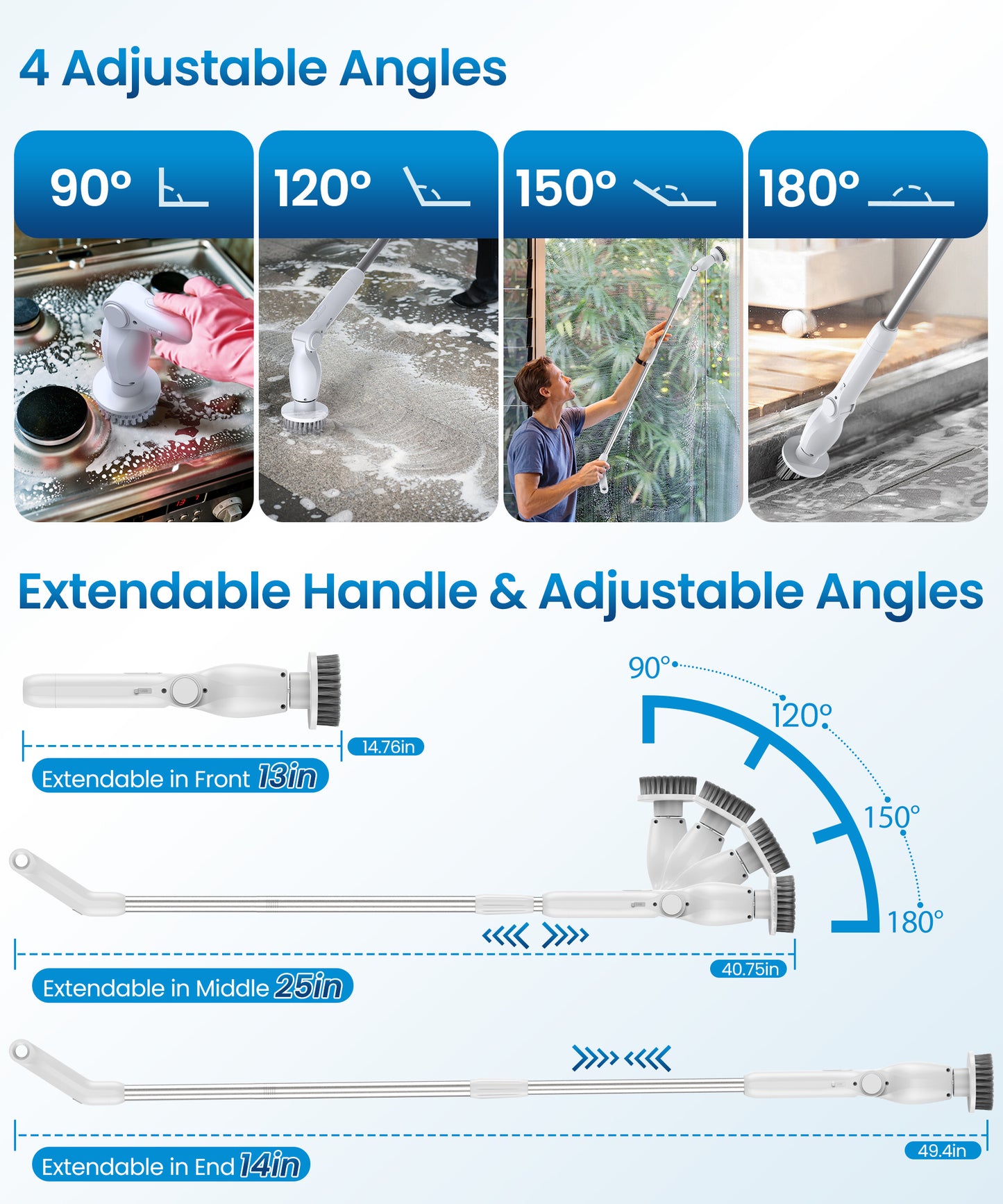 BIMZUC Electric Spin Scrubber, Cordless Cleaning Brush,8 Replaceable Heads, 4 Adjustable Angles, Remote Switch, White