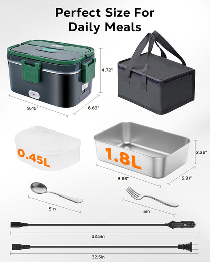 WEENEED Electric Lunch Box 1.8L, 60W Portable Food Heater for Car/Truck and Home, Stainless Steel with Fruit Box, Gray Green