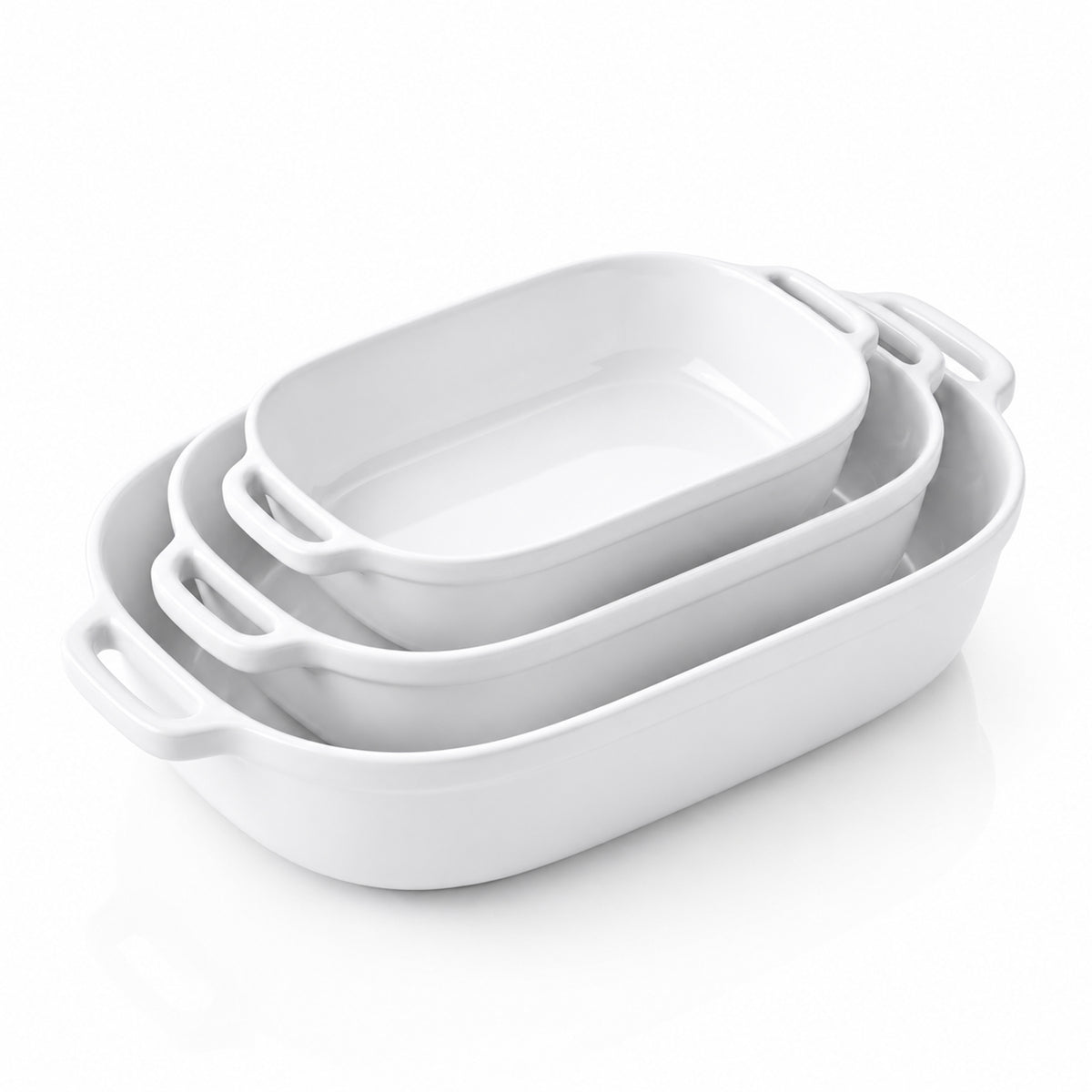M Buder Casserole Dishes for Oven, Ceramic Baking Dish Set of 3, Thick Rectangular Baking Pans with Handles for Baking Cake, White