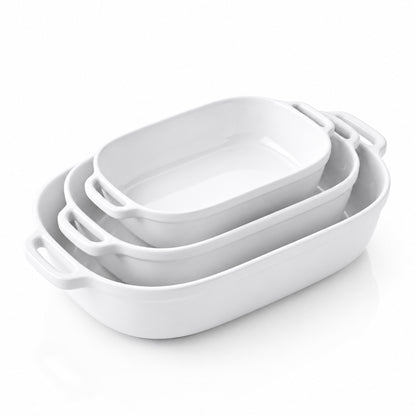 M Buder Casserole Dishes for Oven, Ceramic Baking Dish Set of 3, Thick Rectangular Baking Pans with Handles for Baking Cake, White